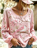 Women's Retro Breast Cancer Floral Print Long-Sleeved Top