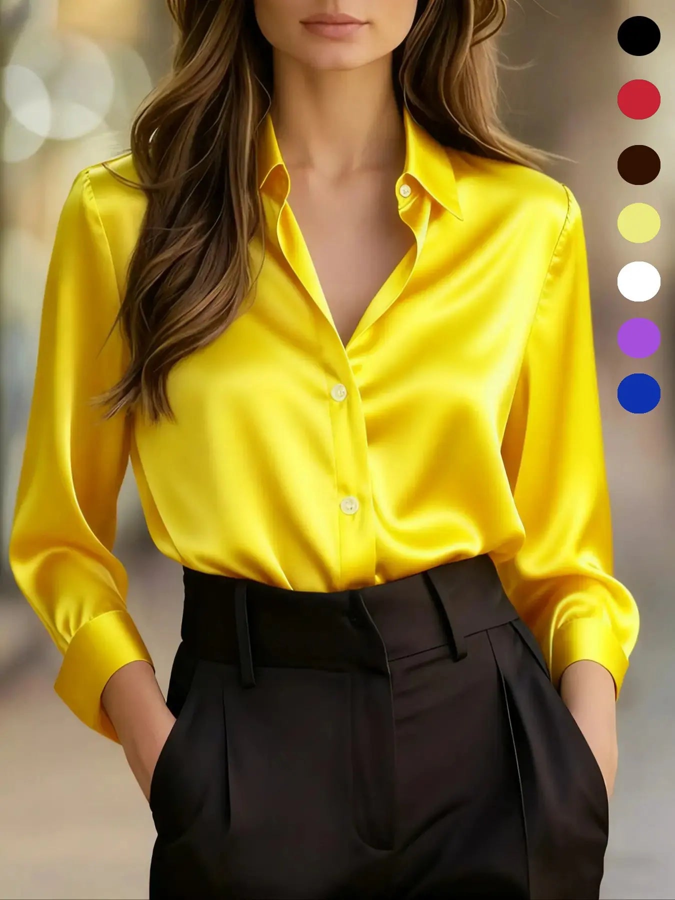 Women's Versatile Satin Long-sleeved Fitted Shirt Blouse for Commuting