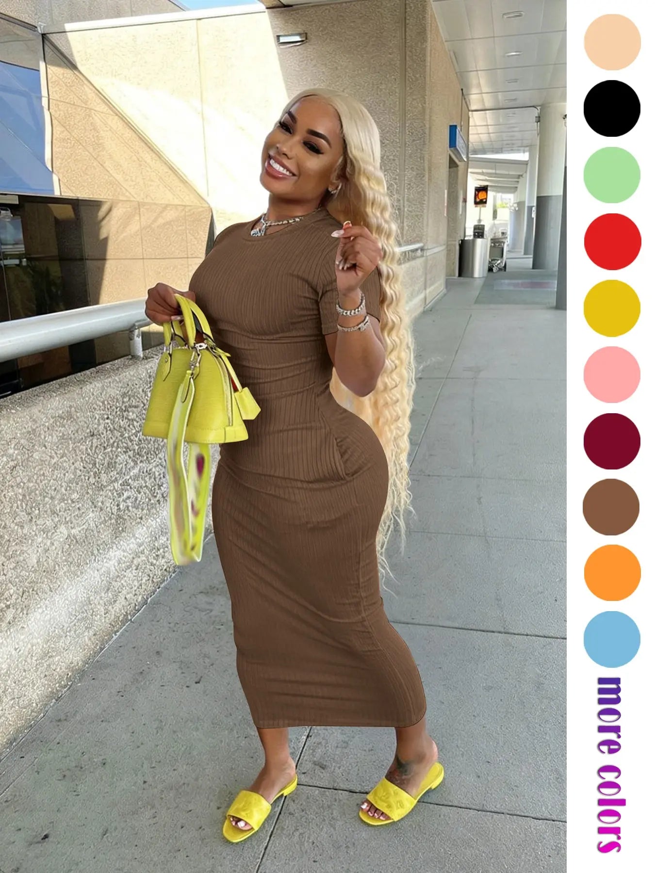 Threaded Elastic Solid Color Bodycon Dress, Breathable Elastic Party Outing Travel Pocket Long Dress, Summer Dress, Everyday Casual Wear, Womenswear