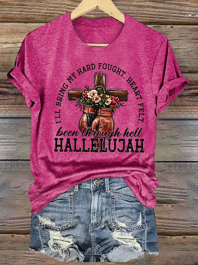 Women's  I'll Bring My Hard Fought Hallelujah Christian Cross Boxing Gloves T-Shirt