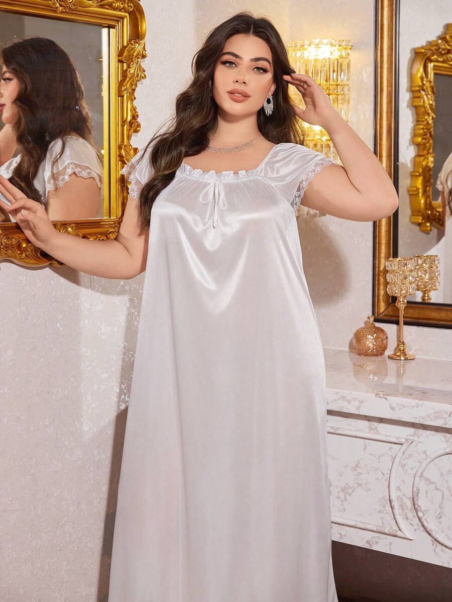 MuseNap CURVE Plus Size Women Pleated Square Collar Embroidered Satin Nightgown