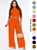 Two-Piece Set Women's Solid Textured Knit Fabric Co-ord Set Suits, Casual Round Neck Crop Tank Top & High Waist Wide Leg Pants Set, Ladies Summer Fit Clothes for Daily Wear, Womenswear