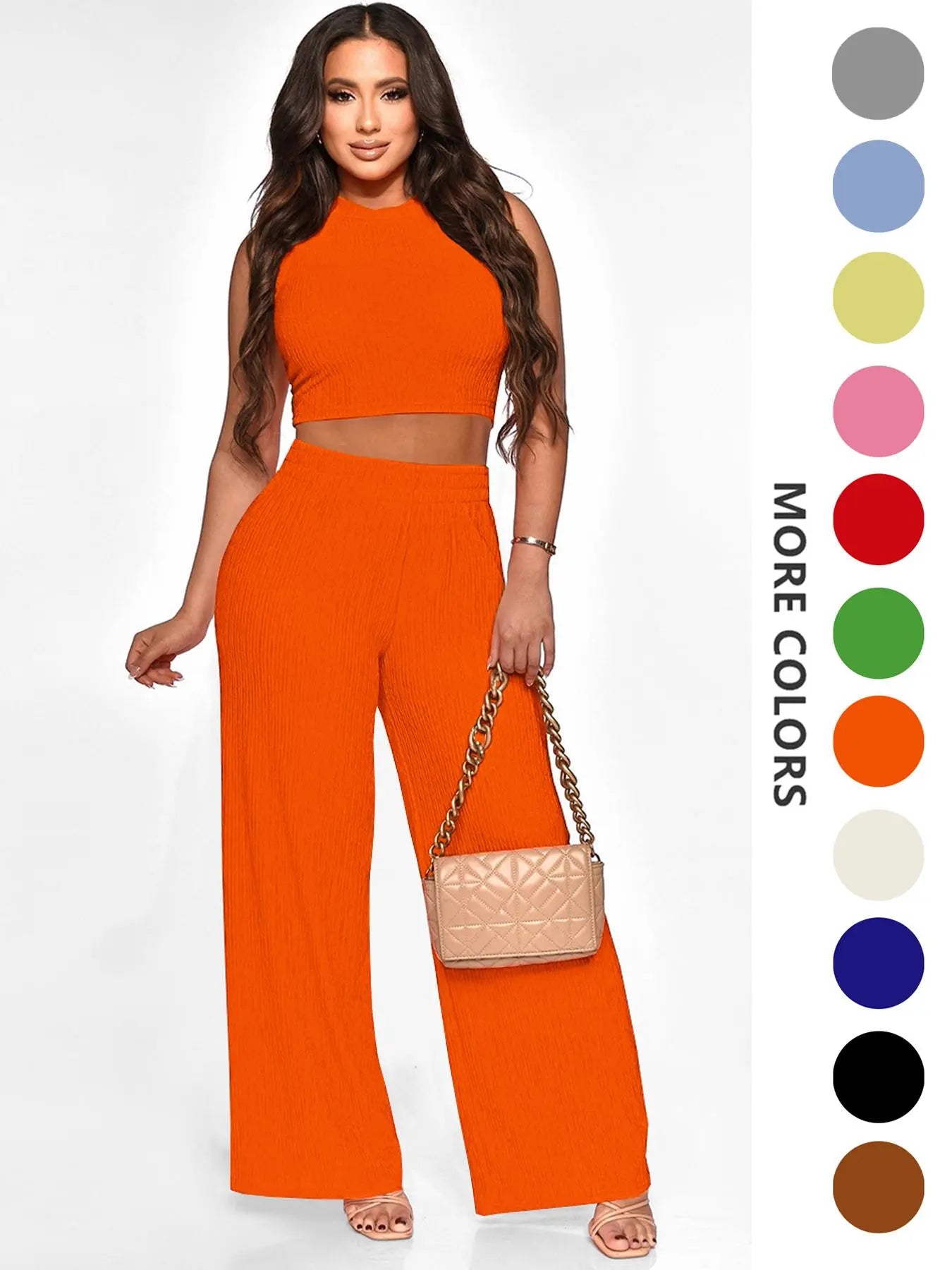 Two-Piece Set Women's Solid Textured Knit Fabric Co-ord Set Suits, Casual Round Neck Crop Tank Top & High Waist Wide Leg Pants Set, Ladies Summer Fit Clothes for Daily Wear, Womenswear