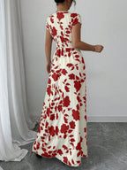 Elenzga Women V-Neck Allover Print Casual Long Dress