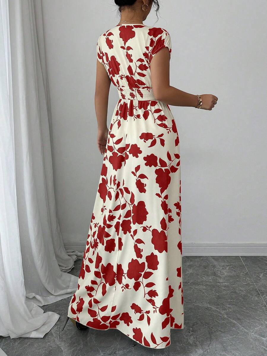 Elenzga Women V-Neck Allover Print Casual Long Dress