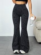 Women's Leopard Print Seamless Knit Flared Pants, High Waist Butt Lifting Yoga Training Pants, Sporty Fashion Casual Wear, Flared Yoga Bottoms