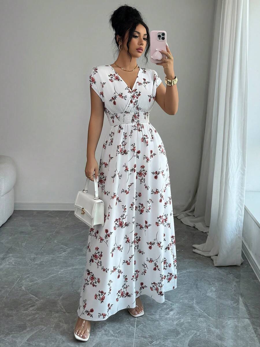 Elenzga Women V-Neck Allover Print Casual Long Dress