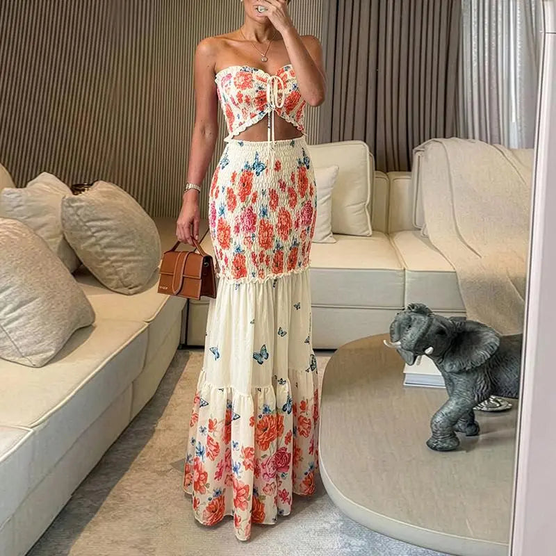 ChicMe Women's Tropical Floral Print Smocked Maxi Dress Ruched Bandeau Cutout Summer Vacation Dress Elegant Shirred Ruffle Hem Mermaid Beach Dress/Summer Dress/Seaside Vacation Sleeveless Skirt