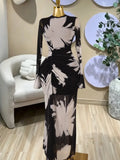 Elegant Women's Printed Long Sleeves O-Neck Tiered Bodycon Long Prom Dress, Fashion Street Vacation Party Outfit Evening Gown, Lady Casual Dresses,Female Brunch Dresses