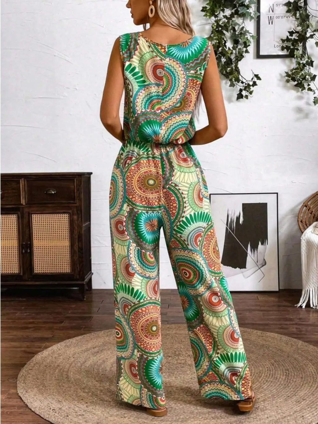 Women's Bohemian Style Sleeveless Jumpsuit, All over Print, Fitted, Casual, Round Neck, Wide Leg, Elastic Waist, Party & Vacation, Boho