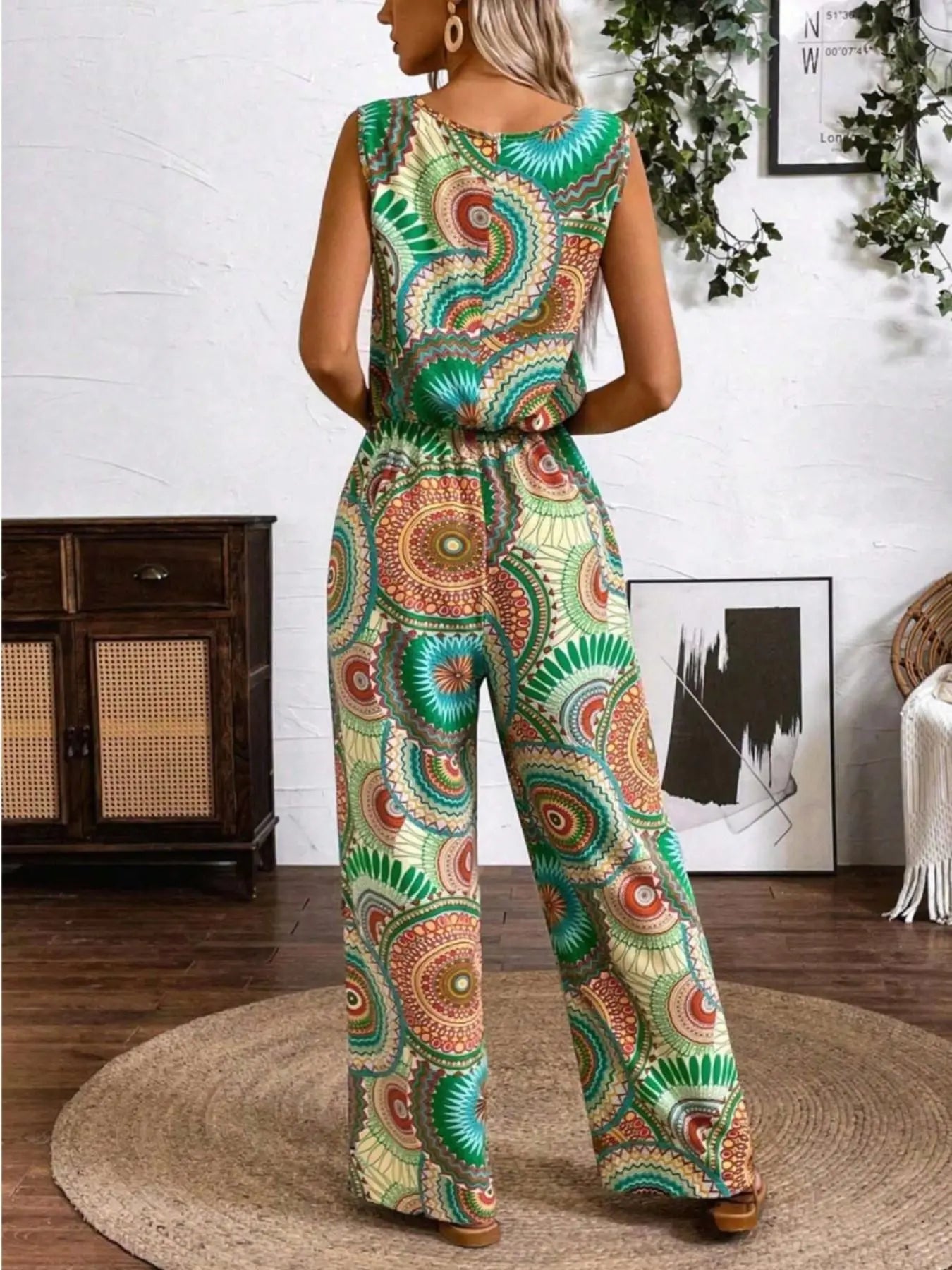 Women's Bohemian Style Sleeveless Jumpsuit, All over Print, Fitted, Casual, Round Neck, Wide Leg, Elastic Waist, Party & Vacation, Boho