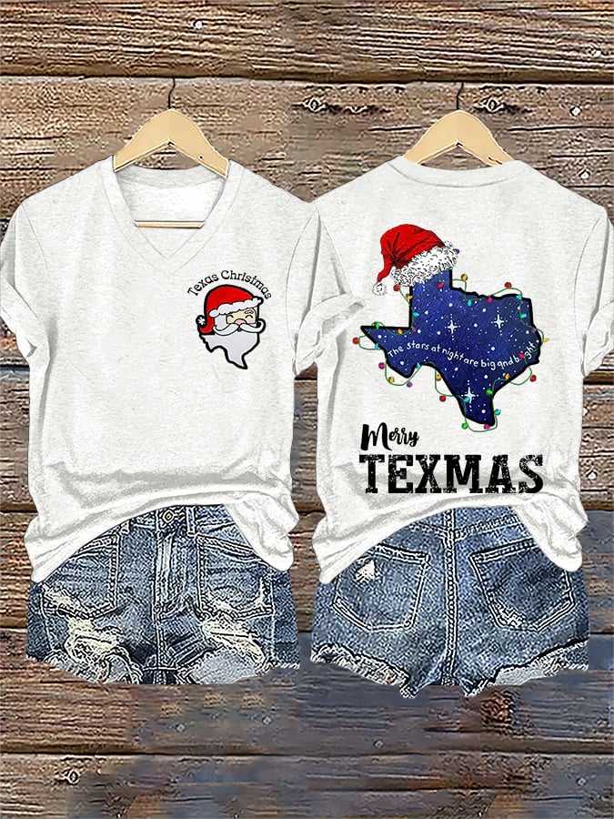V-Neck Retro Texas Christmas The Stars At Night Are Big And Bright Deep In The Heart Of Texas Print T-Shirt