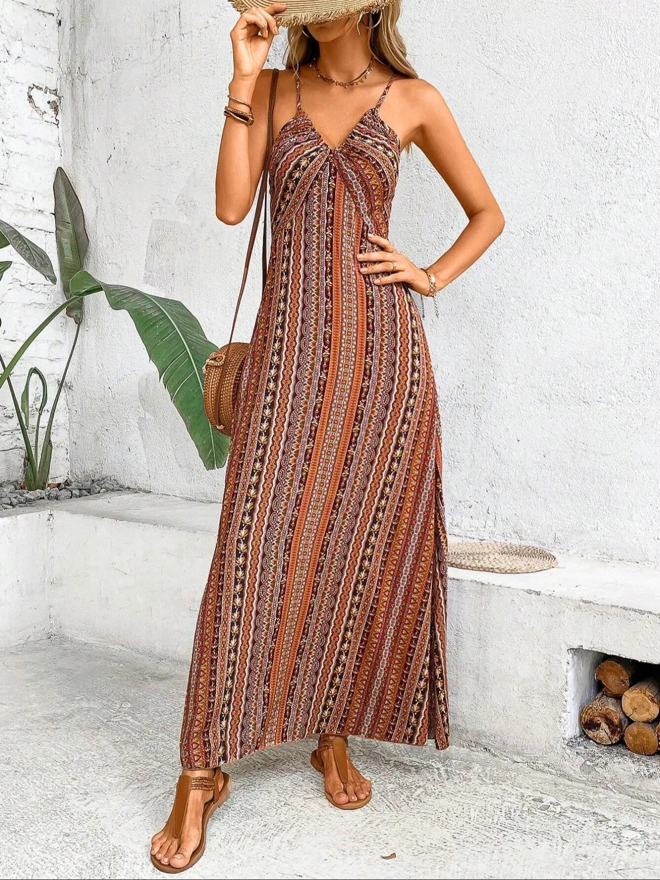 Women's Printed Split Long Sleeveless Dress, Classic Stripe Design, Backless Criss Cross Strap, Spring Summer Fall Wear, Casual Boho Elegant Bohemian Style Womenswear