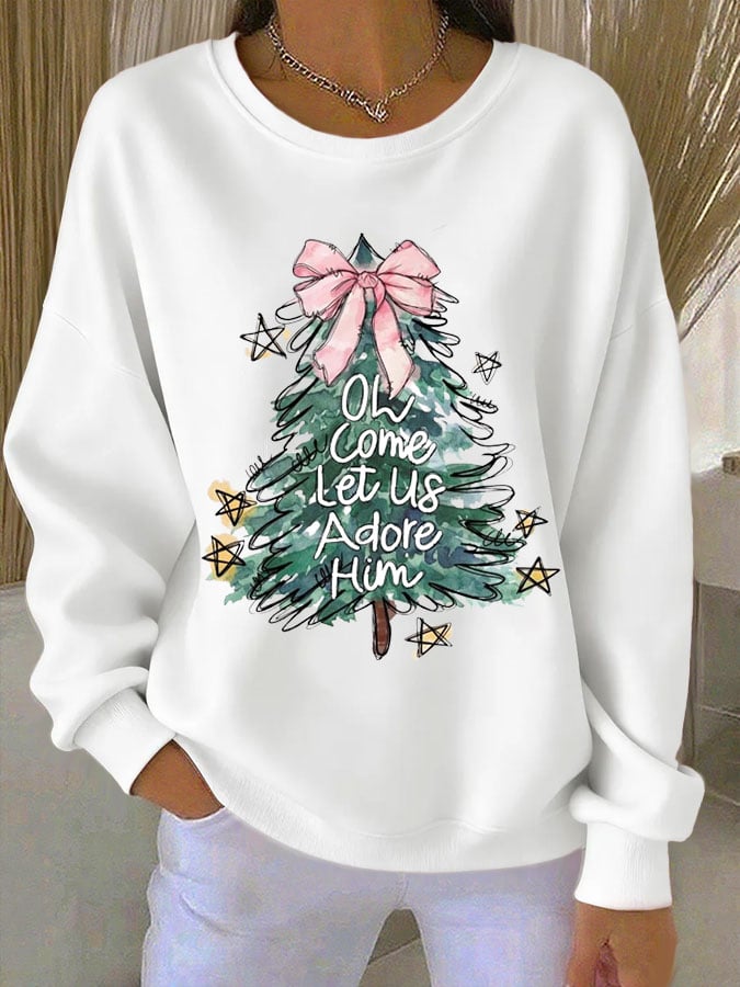 Women's Christmas Christ O Come Let Us Adore Him Print Casual T-shirt