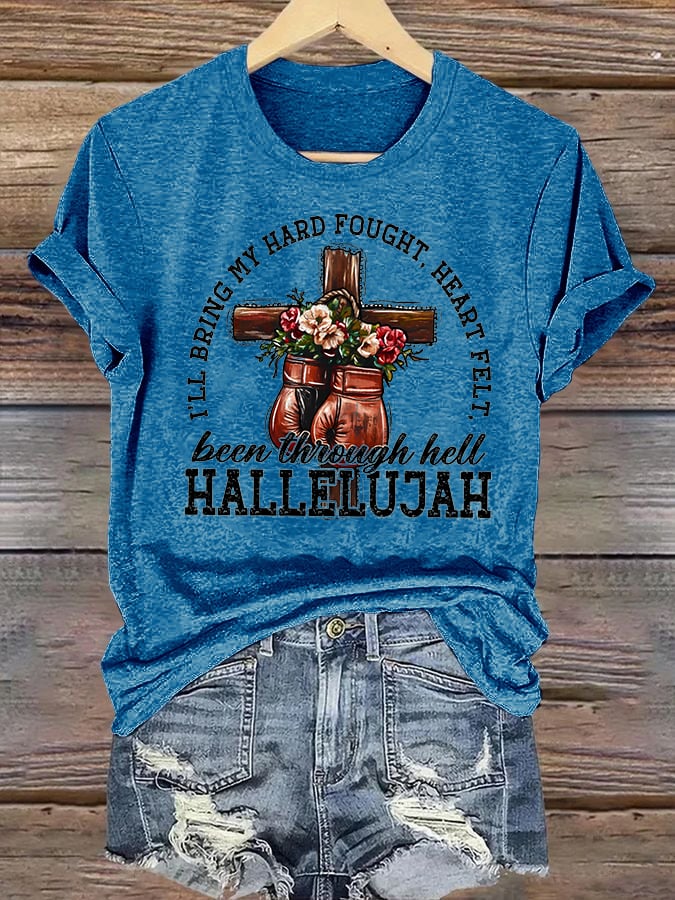 Women's  I'll Bring My Hard Fought Hallelujah Christian Cross Boxing Gloves T-Shirt