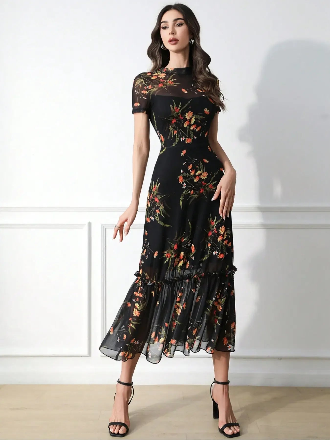 Women's Sexy Leopard Print Elegant Round Neck Mesh Skirt Dress, Stylish Casual Fashion, Perfect for Parties and Daily Wear