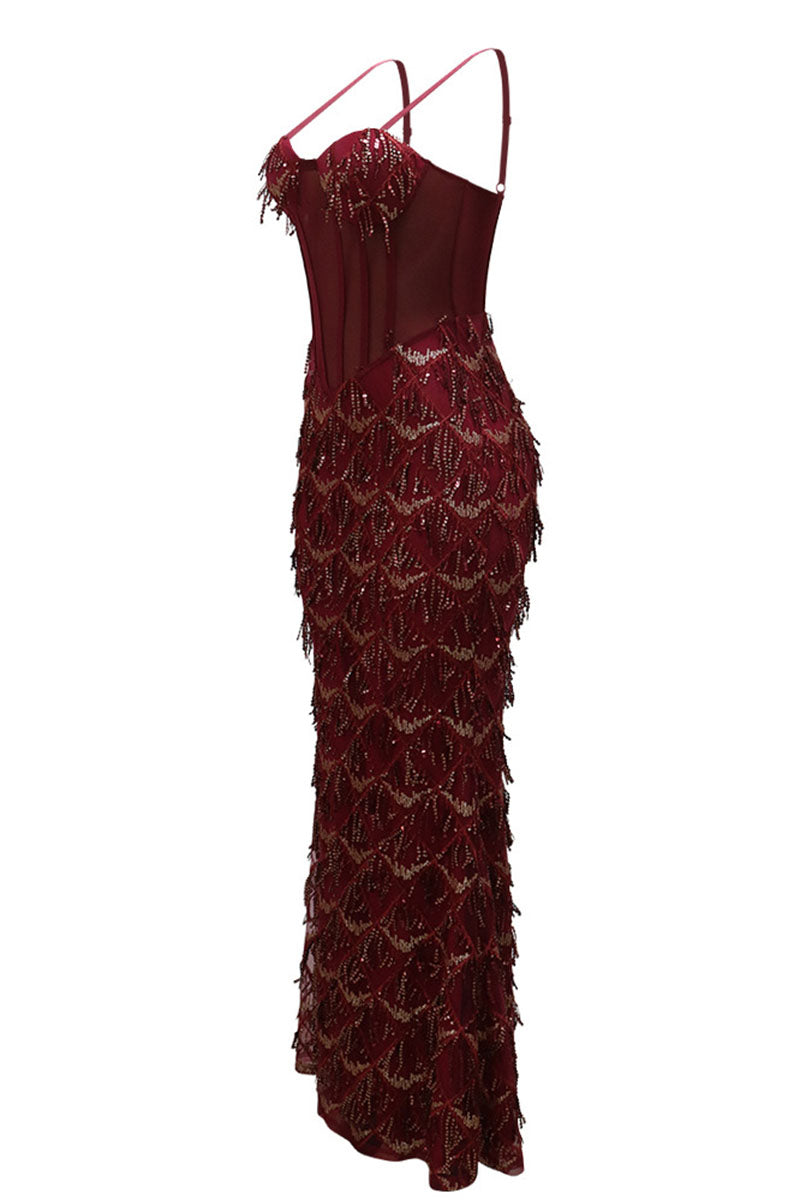 Cami Corset Sequin Fringed Gowns Maxi Dresses-Champagne