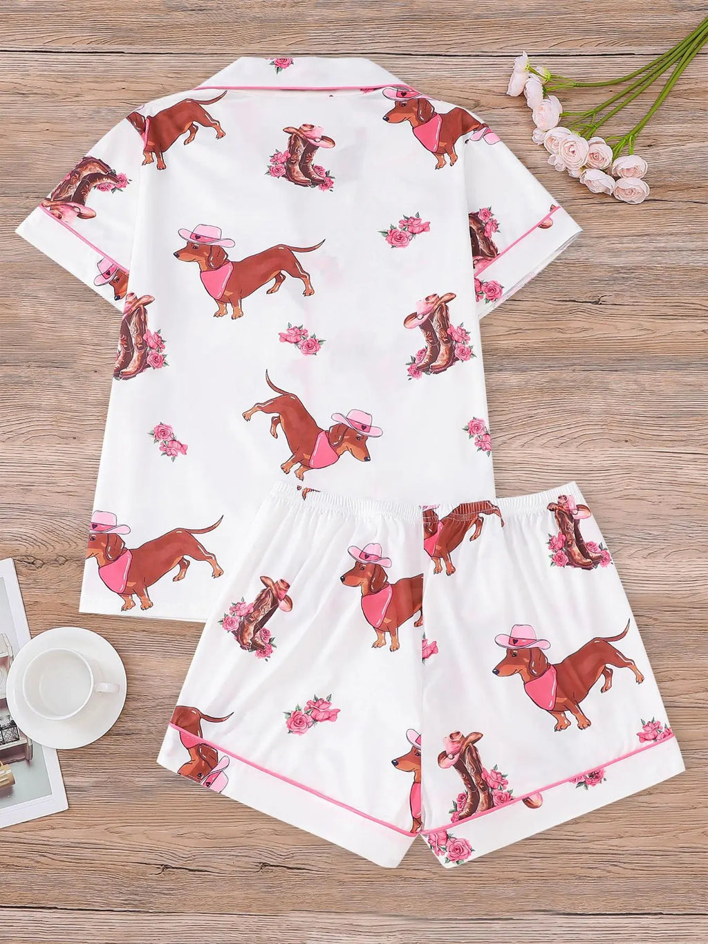 Women's All Over Dachshund Print Shirt & Elastic Waist Shorts Pyjama Two-piece Set