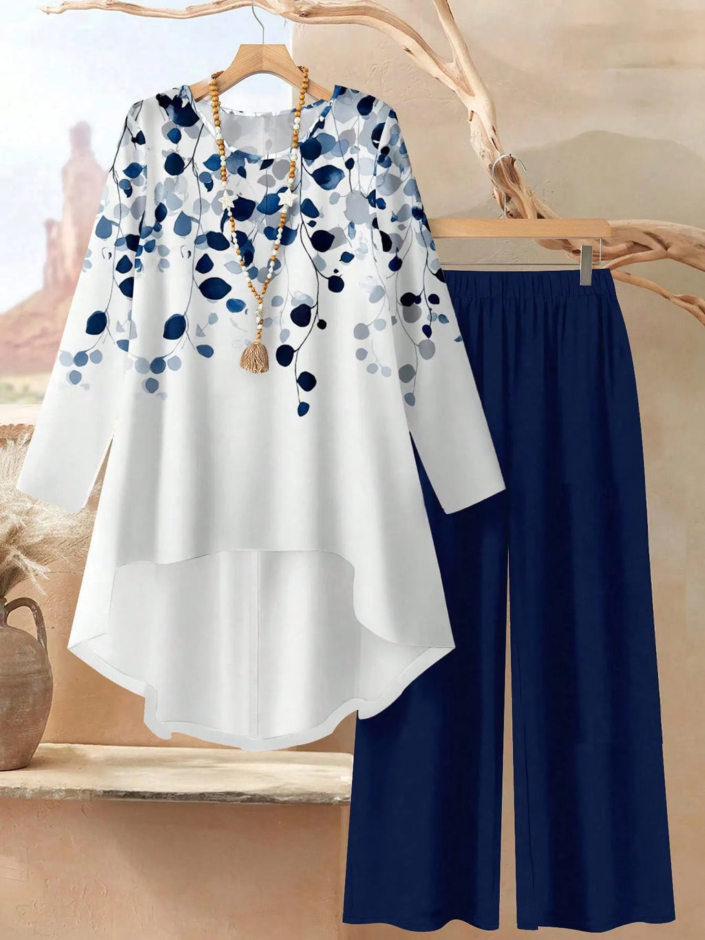 Women 2pcs Set White And Blue Navy Blue Floral Printed Top And Flowing Wide-Leg Pants Autumn Casual Elegant Tea Party Travel Vacation Work Outfits