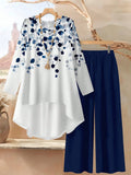 Women 2pcs Set White And Blue Navy Blue Floral Printed Top And Flowing Wide-Leg Pants Autumn Casual Elegant Tea Party Travel Vacation Work Outfits
