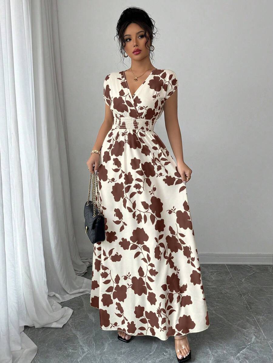 Elenzga Women V-Neck Allover Print Casual Long Dress