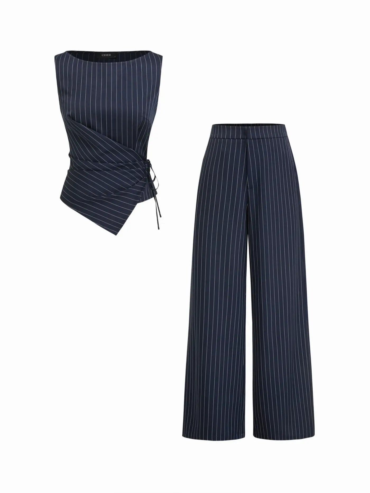 Cider Boat Neck Striped Wrap Knotted Top & Mid Rise Straight Leg Trousers Set– Office & Weekend Casual SwimWeek