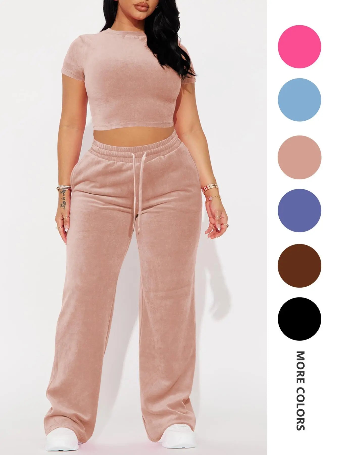 Two-piece Set Women's Solid Crop Tee & Drawstring Waist Pants Velvet Set, Casual Short Sleeve Round Neck T-shirt & Elastic Waist Trousers, Ladies Summer Clothes, Casual Matching Set
