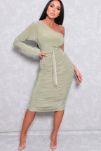 One Shoulder Ruched Slinky Midi Dress