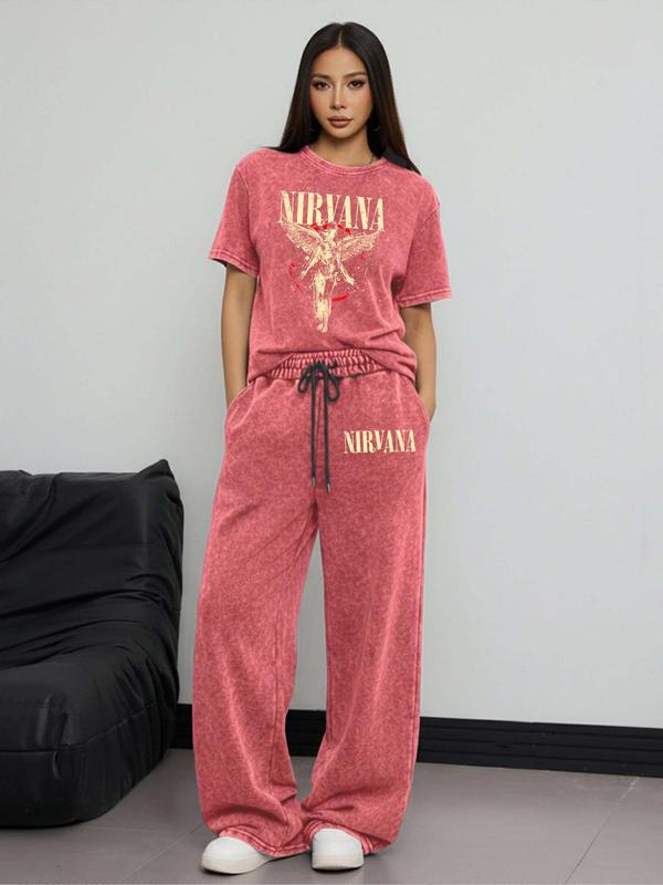 Women's Rock Style "NIRVANA" Graphic Print Cotton Co-ord Set, Vintage Distressed Short Sleeve T-shirt and Trousers Two-piece Set Outfit, Casual Round Neck T-shirt and Elastic Trousers, Summer Everyday Wear