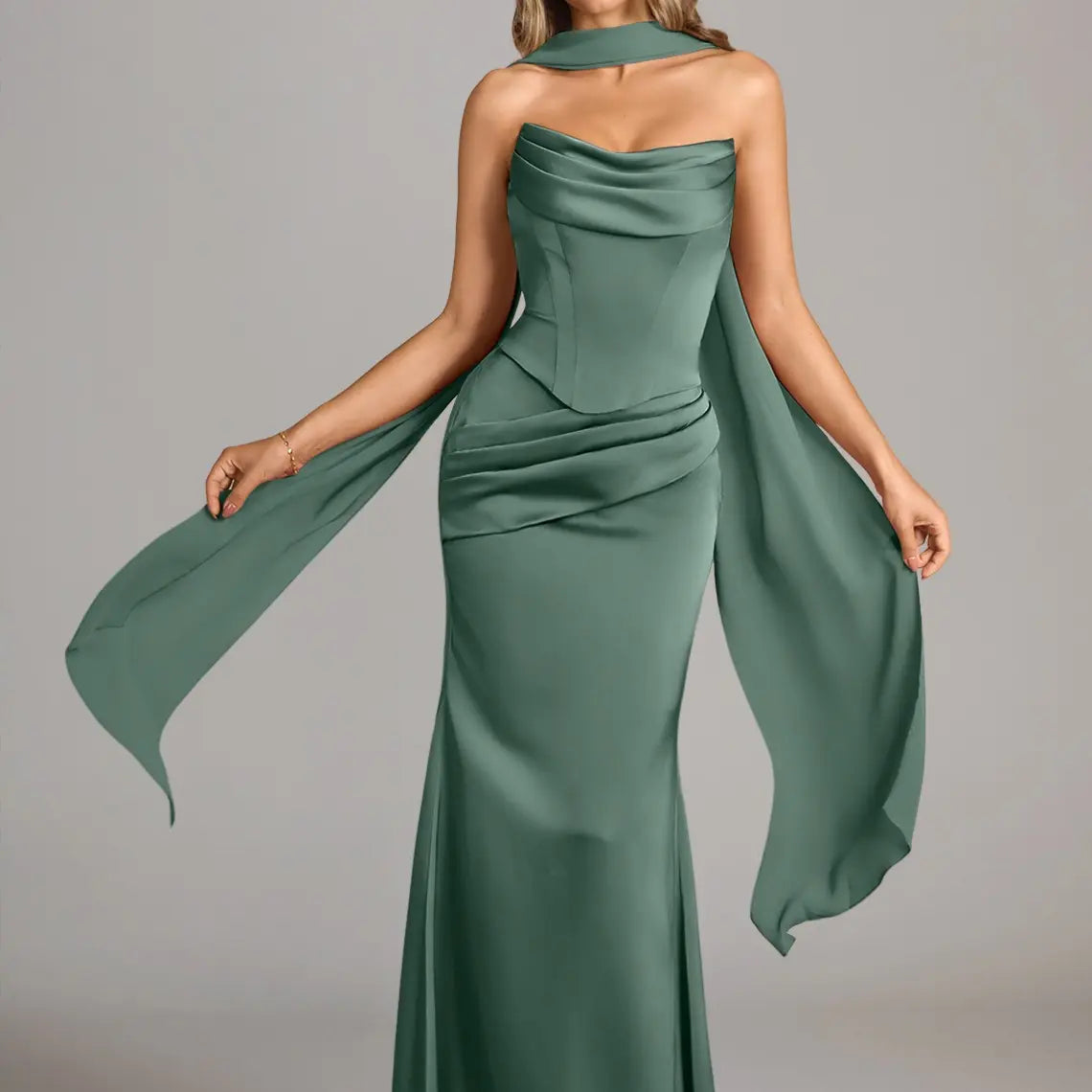 Azazie Sorrel Corset Lace-up Mermaid Wedding Guest Evening Luminous Satin Maxi Dress Minimalist