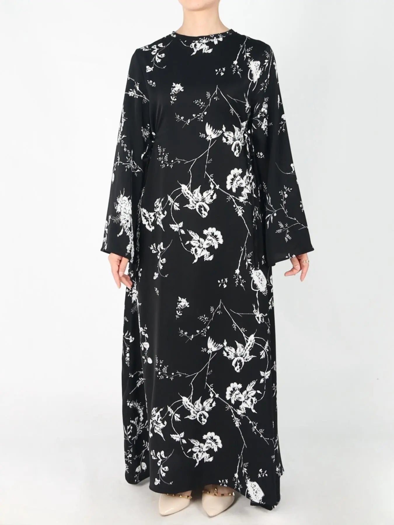 Women's Tie Side Zipper Back Dress, Elegant Long Sleeve Belted Abaya Dress for Daily Wear, Ladies Islamic Clothing for All Seasons, Round Neck Abayas