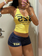 StreetHx Women 2-Piece Set:Yellow Vest Top,Blue Shorts.HypeZone-D Spaghetti Strap Camisole,Letter Print,Slim Fit For Gym,Summer,Y2k,Sports,Beach Outfits
