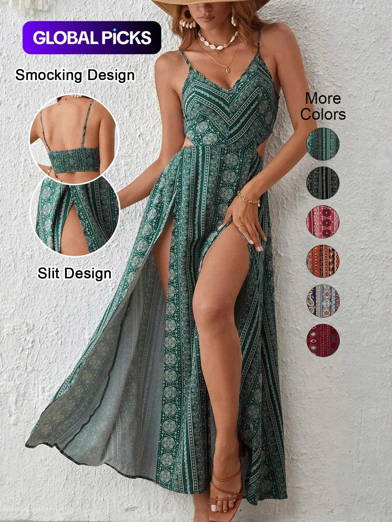 Women's Boho Print Striped Bodycon Dress, Split Thigh Backless Spaghetti Strap, Perfect for Beach Vacation & Layering