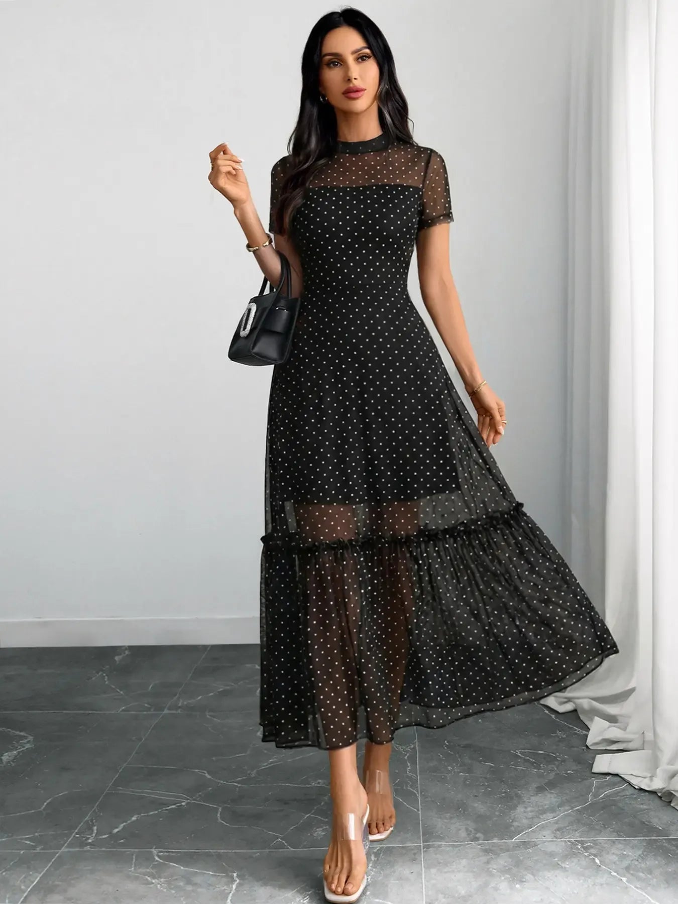 Women's Sexy Leopard Print Elegant Round Neck Mesh Skirt Dress, Stylish Casual Fashion, Perfect for Parties and Daily Wear