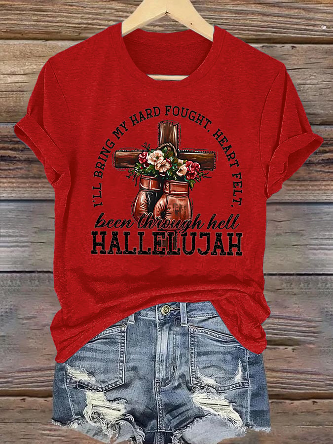 Women's  I'll Bring My Hard Fought Hallelujah Christian Cross Boxing Gloves T-Shirt