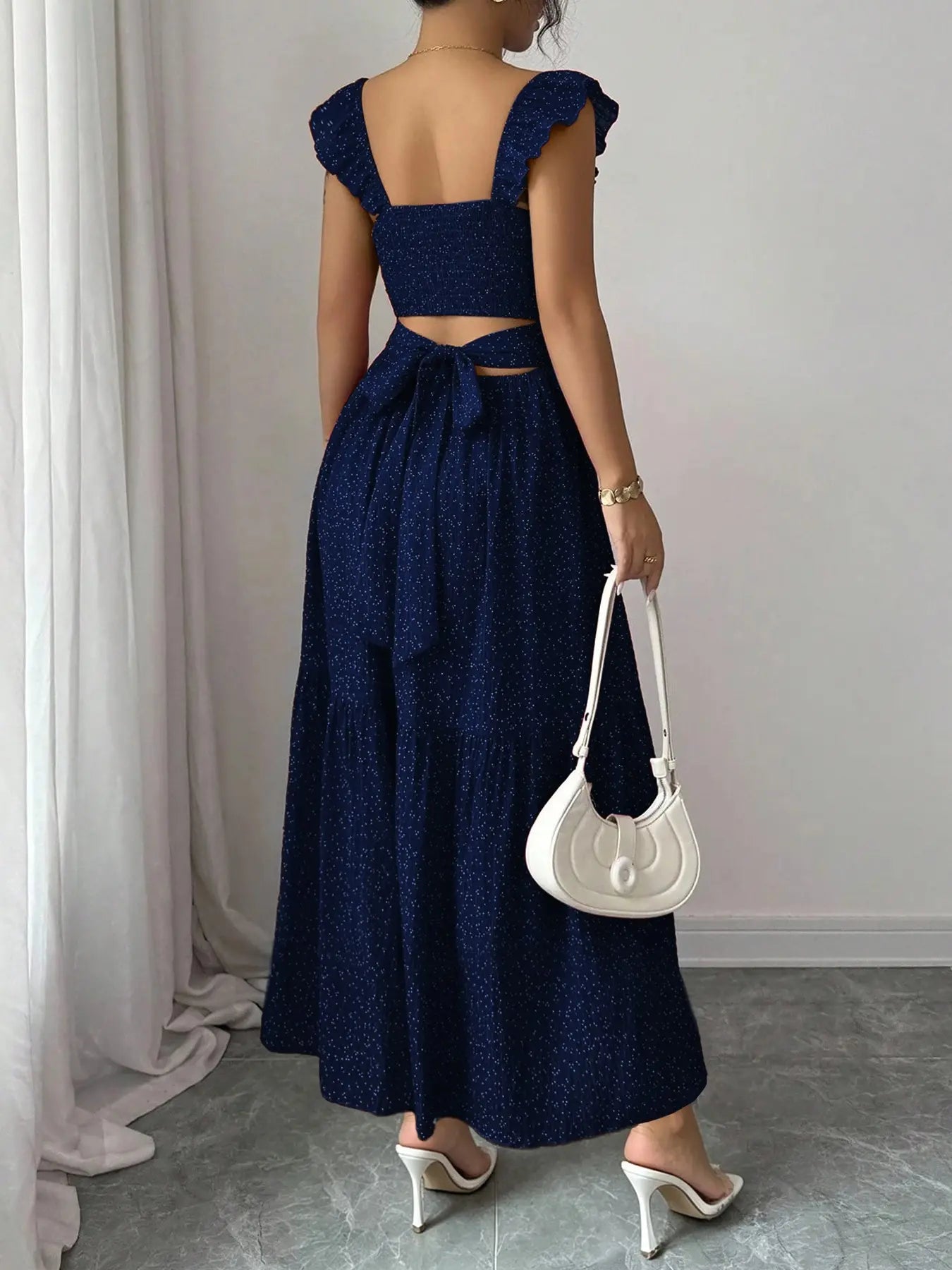 Spring & Summer Ruffled Polka Dot Maxi Dress with Back Tie