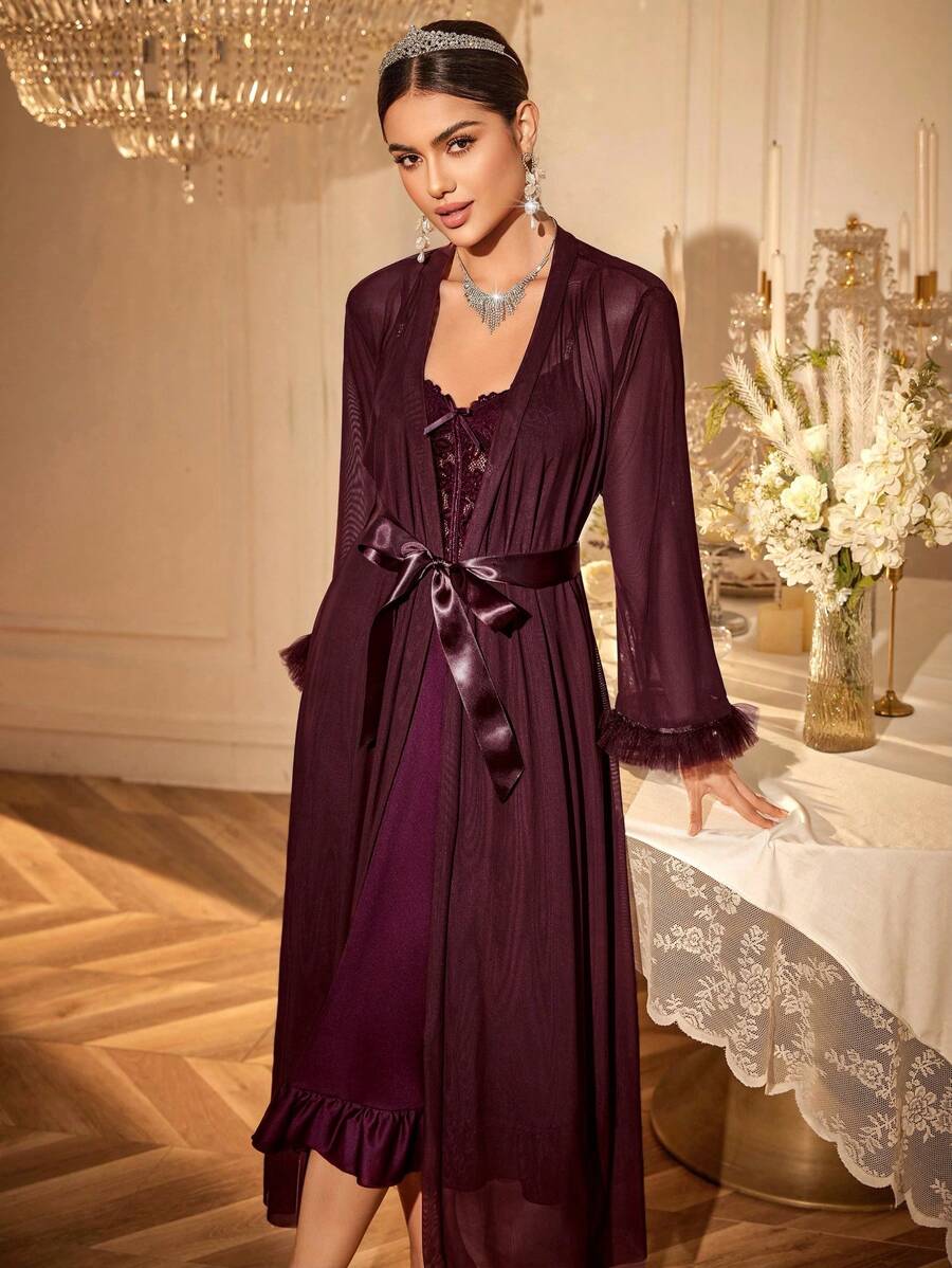 Slumberist 2pcs/Set Fishbone Design Waist Lace Camisole Nightgown + Floral Trim Wide Sleeve Mesh Robe