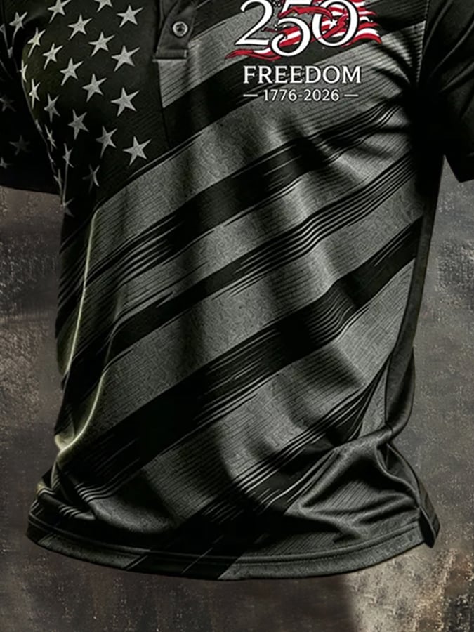 Men's Retro Patriotic Color-Block Short-Sleeve Henley Shirt