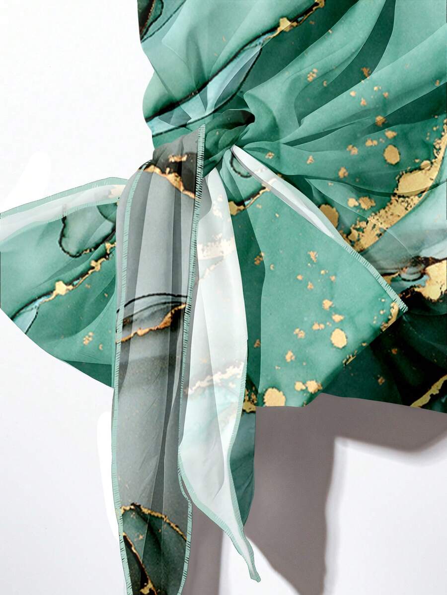 Women's Aqua Blue Summer Casual Vacation Holiday 2 Pieces Set,Abstract Floral Pattern Shirt With Tie Bow & Loose Straight Leg Pants,Vintage Style