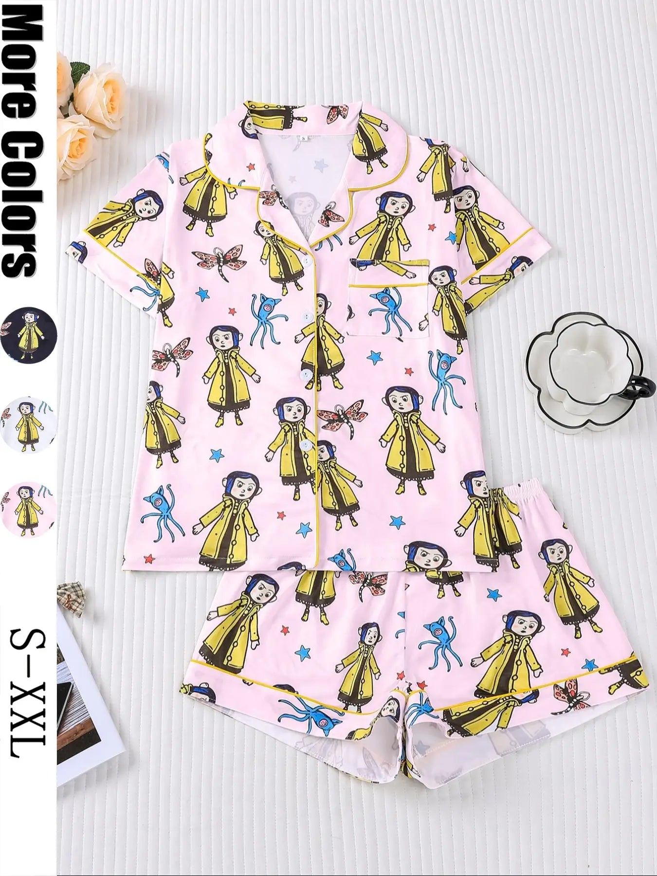 Women's Monkey Print Pajama Set, Short Sleeve Button Front Top & Elastic Shorts