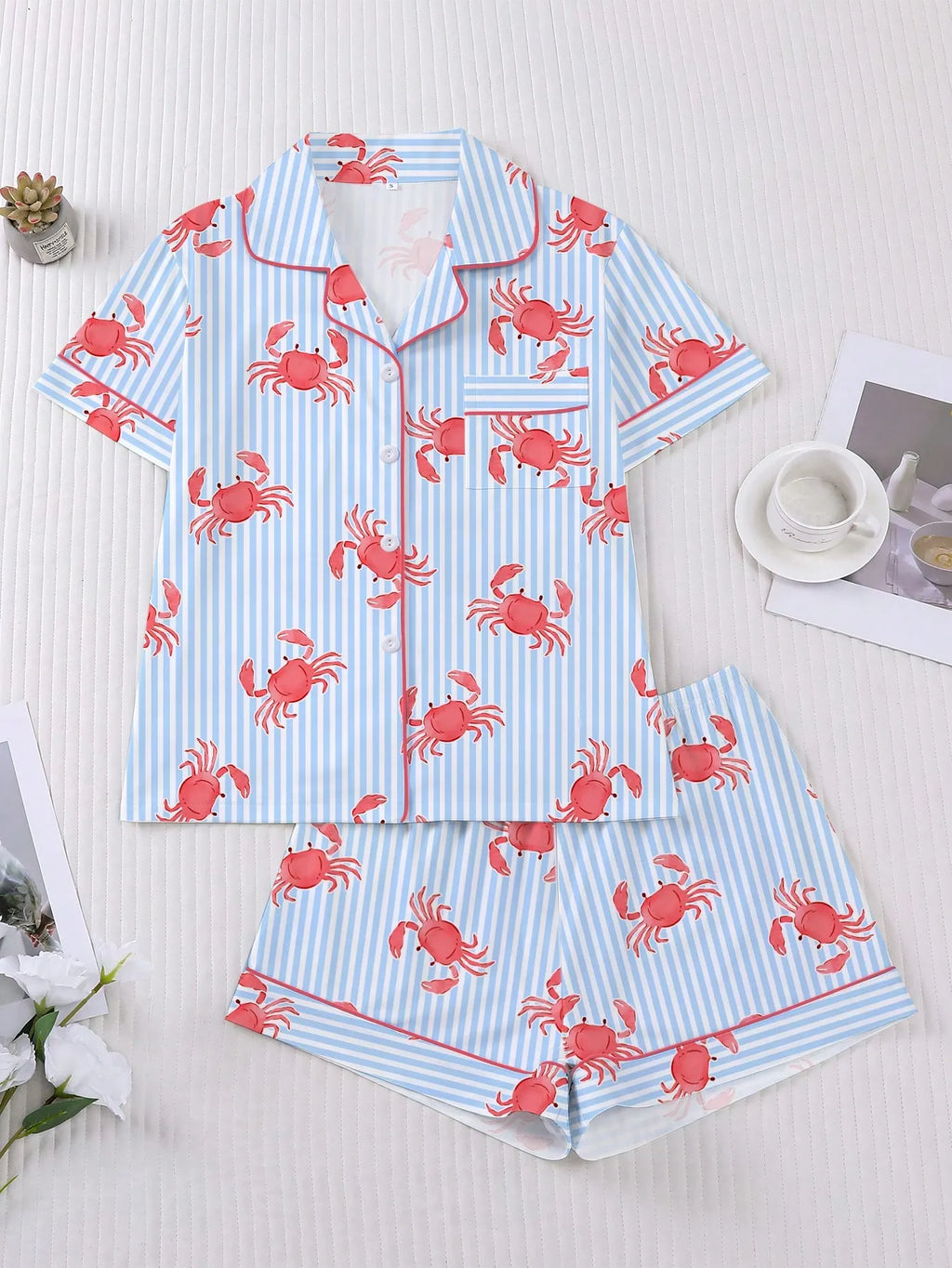 2pcs Women's Pajama Set, Striped Crab Print, Women's Loungewear, Spring/Summer Holiday Outfit, Short Sleeve Lapel Top And Shorts Set Suitable For Outdoor Wear