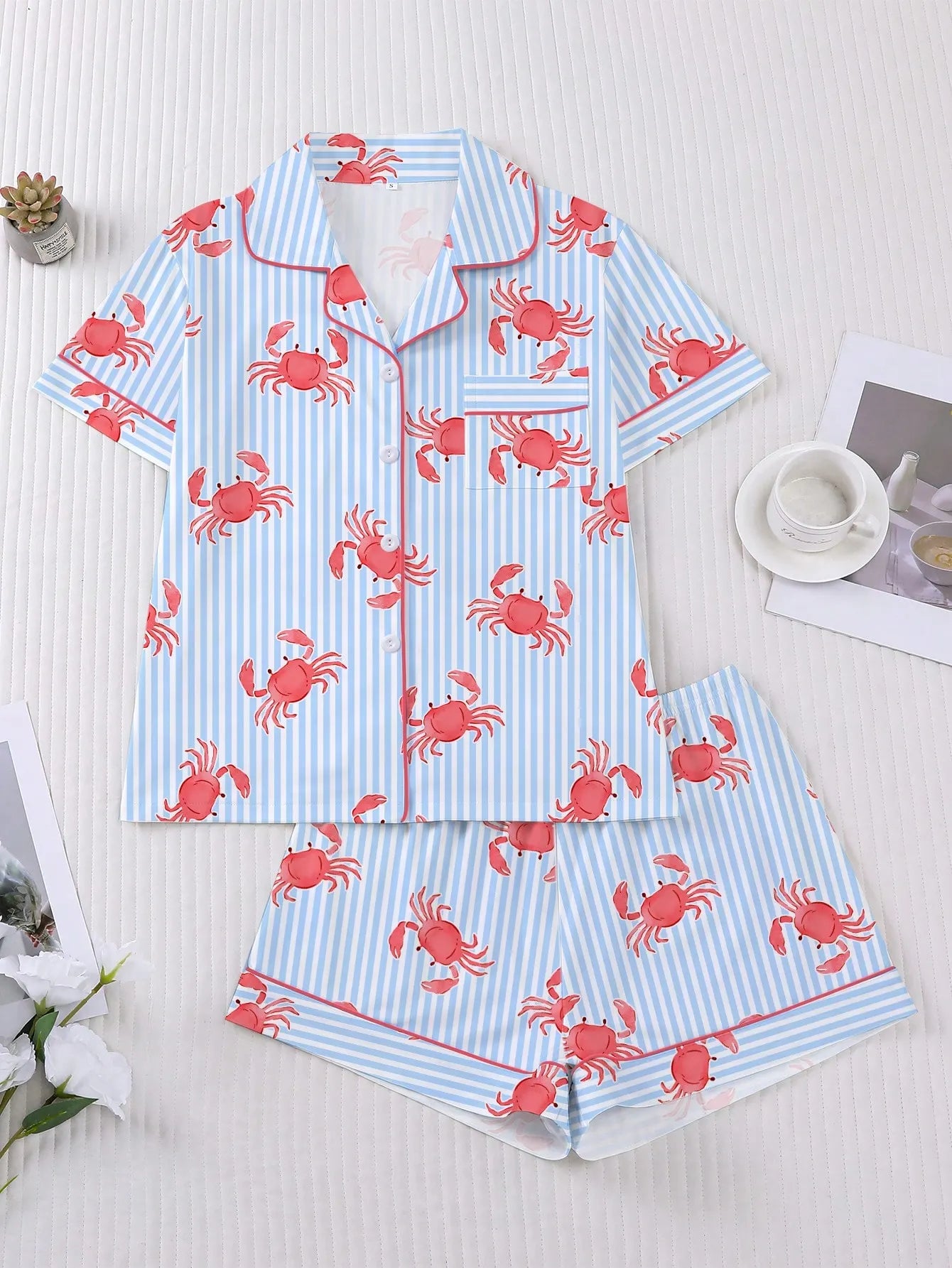 2pcs Women's Pajama Set, Striped Crab Print, Women's Loungewear, Spring/Summer Holiday Outfit, Short Sleeve Lapel Top And Shorts Set Suitable For Outdoor Wear