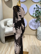 Elegant Women's Printed Long Sleeves O-Neck Tiered Bodycon Long Prom Dress, Fashion Street Vacation Party Outfit Evening Gown, Lady Casual Dresses,Female Brunch Dresses