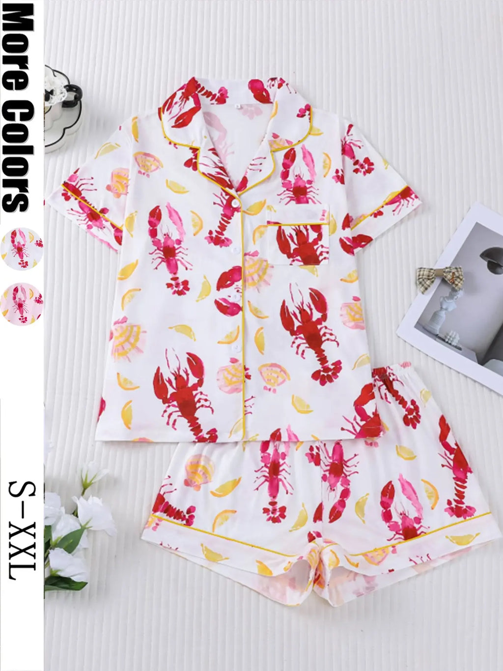 Women's Sleepwear Set, Short Sleeve Lapel Button Soft Top & Elastic Shorts