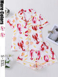 Women's Sleepwear Set, Short Sleeve Lapel Button Soft Top & Elastic Shorts