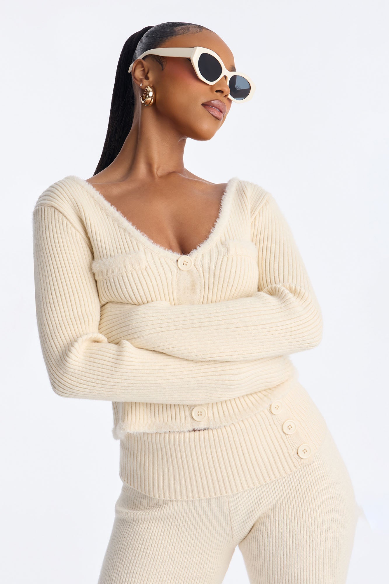 So Sweet Foldover Waist Flare Leg Pant Set - Cream