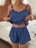 CottageSlumber Knitted Rib Fabric, Heart Print Patchwork With Lace Trim, Romantic Sweet Cute Sexy Camisole Women Summer Sets Outfit Pajamas Polka Dot Short Set PJS