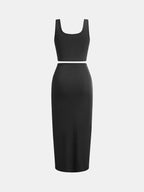 YOZY Solid Ribbed Crop Tank Top & Twist Split Skirt Set, Elegant Square Neck Sleeveless Top & High Waist Bodycon Skirt, 2024 Women's Summer Outfits for Party, Holiday, Vacation