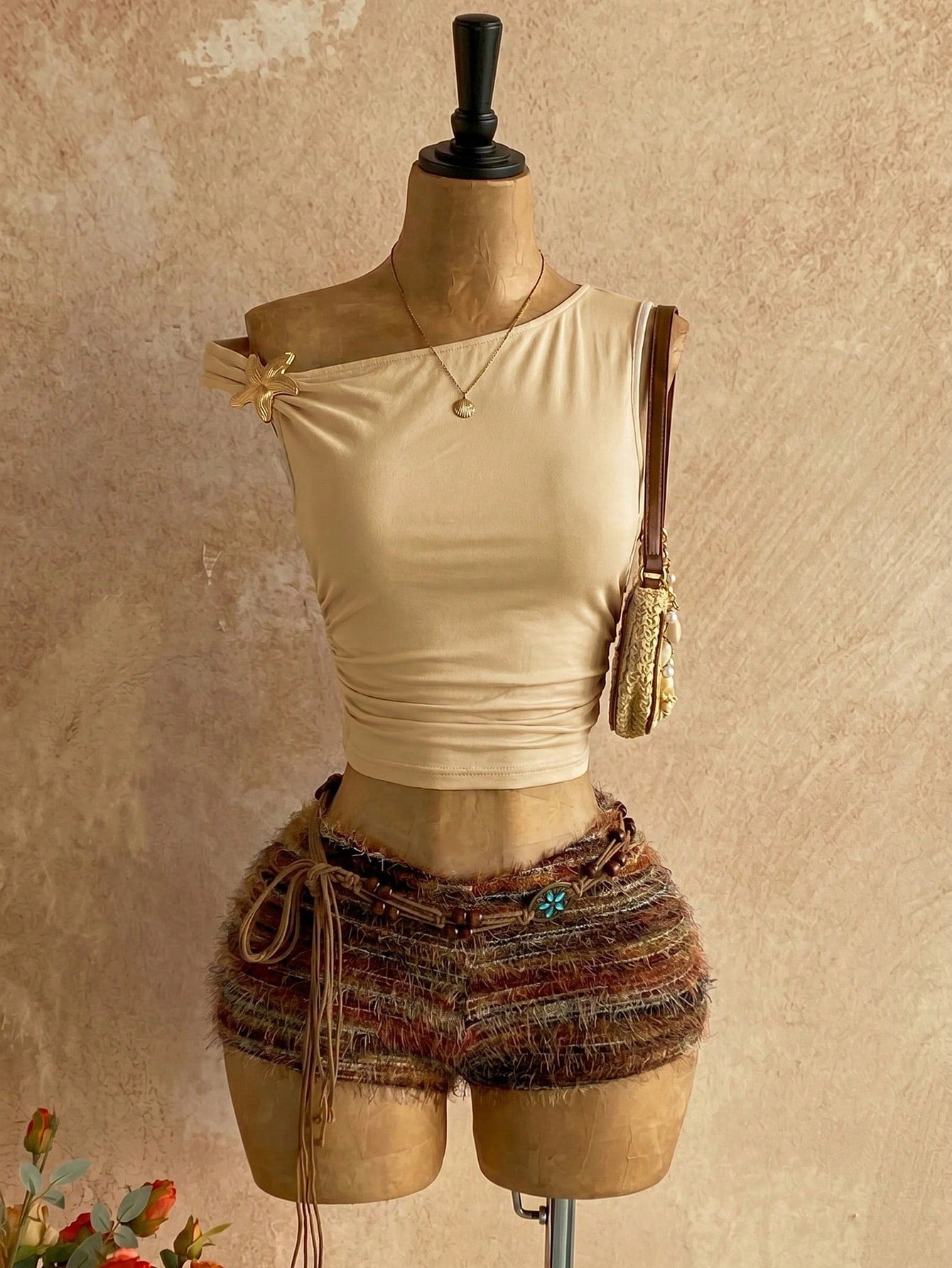 Soleia Women's 2 Pieces Set Brown Striped Summer Boho Beach Vacation Holiday Holiday Asymmetrical Shoulder Fuzzy Textured Knit Backless Floral Cheetah Print