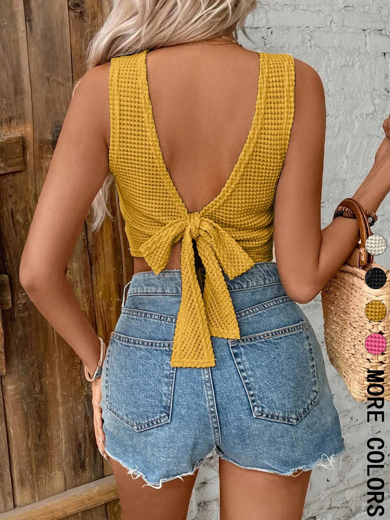 Women's Plain Tie-Back Waffle Knit Fitted Tank Top